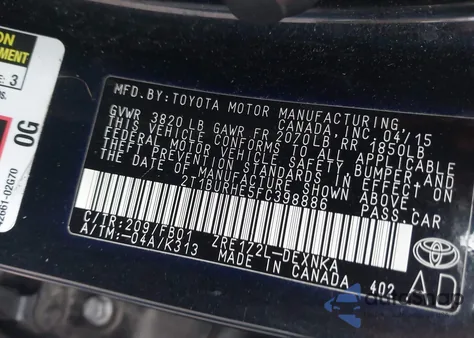 2015 Toyota Corolla Le from USA, damaged, VIN 2T1BURHE5FC398886